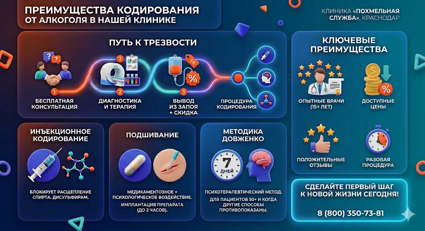 Инфографика о методах кодирования от алкоголя в Боброве: инъекции, подшивание, метод Довженко. Преимущества клиники и этапы лечения.